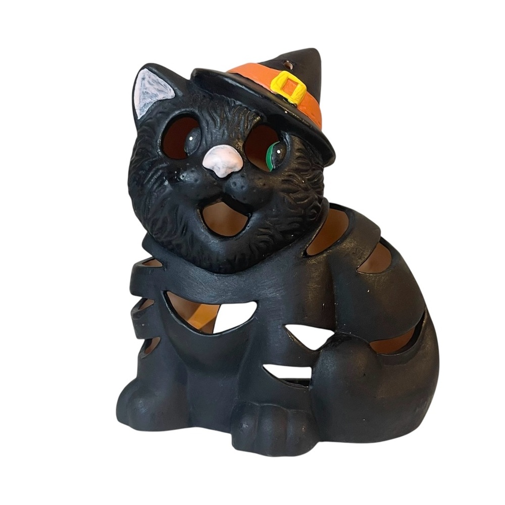 Halloween Candle Holder Tea Light Votive Black Cat Witches Hat Jack-o-lantern 7”
